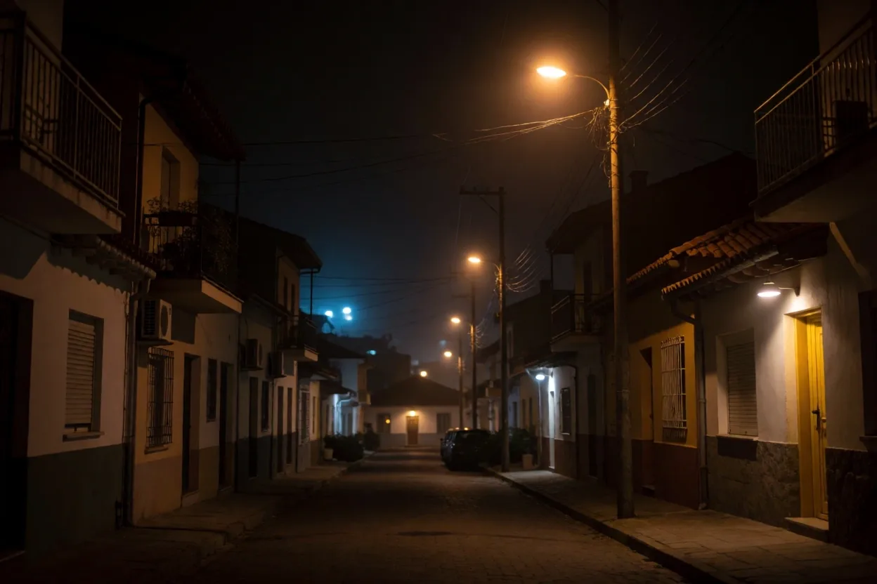 Calle residencial nocturna en Argentina